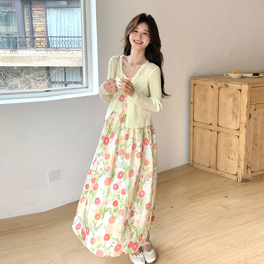 法式吊带裙套装女夏季2025新款绝美好看印花气质长裙连衣裙两件套