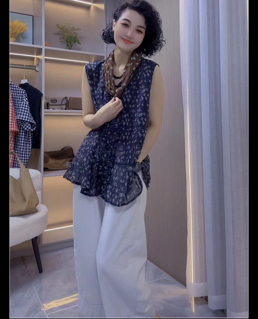 欧货宽松潮流时尚百搭拼接衬衫无袖薄款夏季碎花上衣