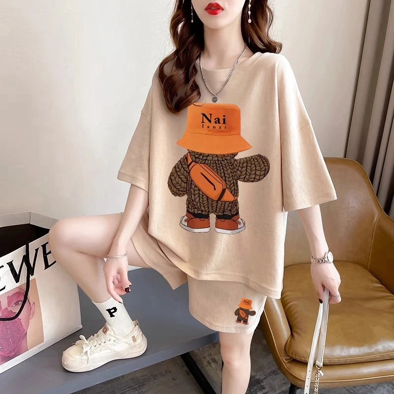 伊束姿大码女装卡通纯棉短袖短裤两件套宽松夏季新款运动套装女