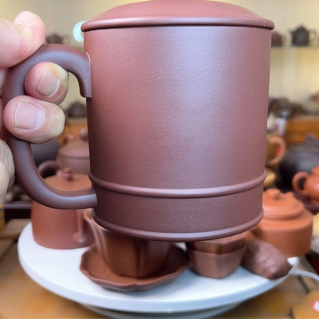 明***锐茶壶紫砂原矿微瑕镂空钮盖杯