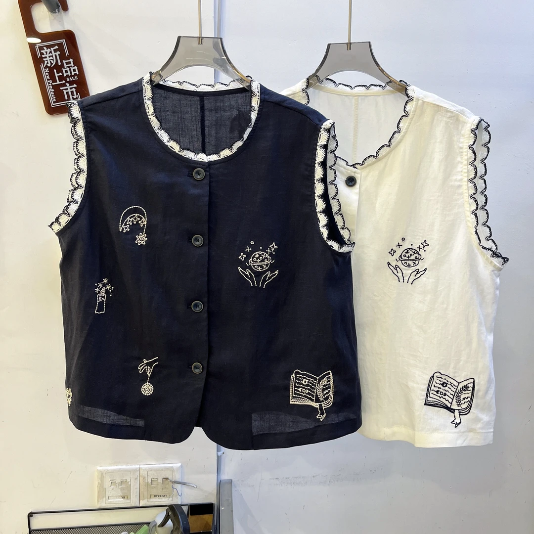 清仓花边刺绣无袖棉马甲女早秋圆领单排扣宽松休闲坎肩背心潮