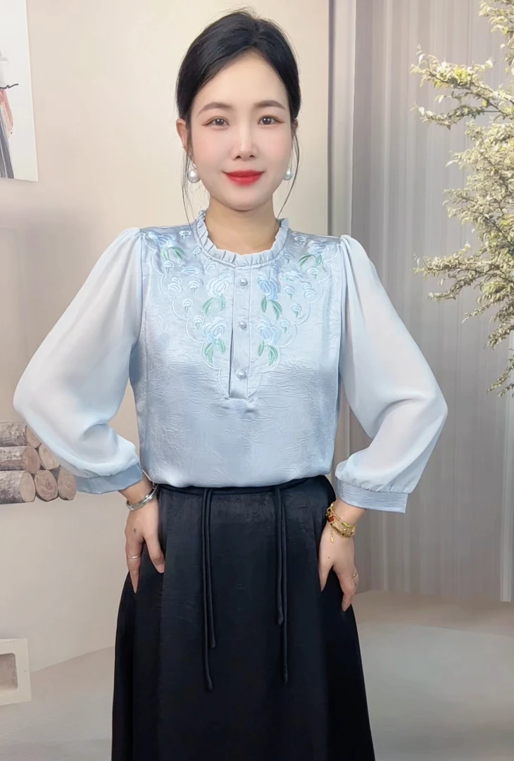 夏季刺绣/绣花七分袖刺绣衬衫时尚衬衣七分袖网红木耳领女装中式