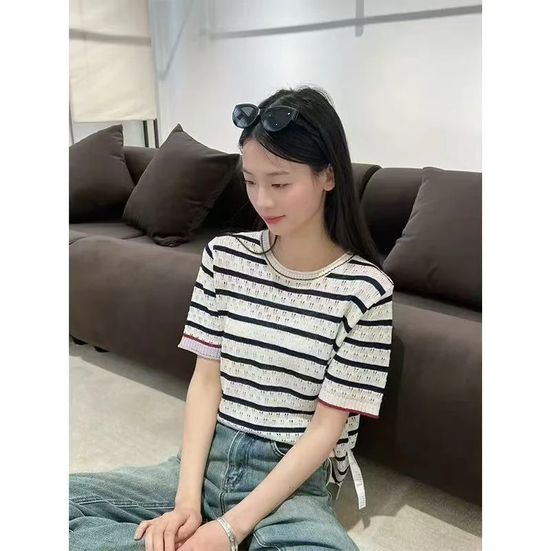 撞色条纹薄款短袖针织衫春夏新款休闲减龄宽松镂空圆领上衣女1772
