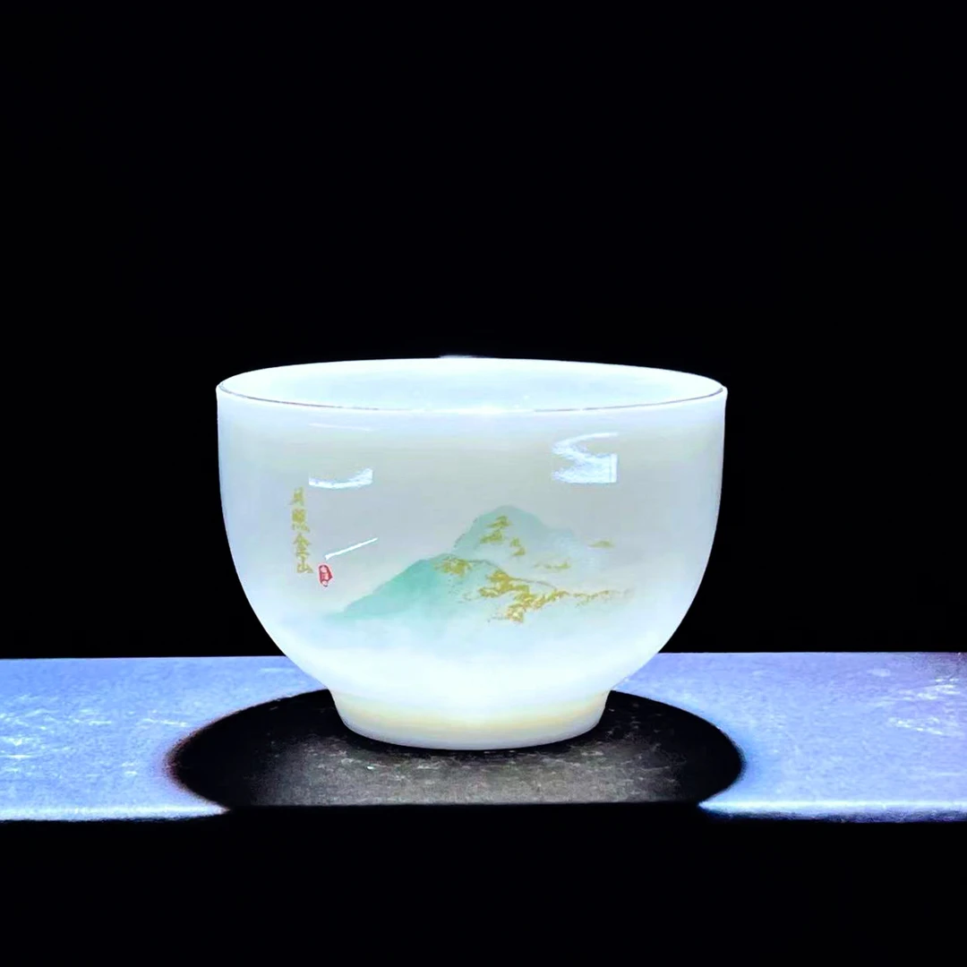 都彩瓷艺中国白羊脂玉瓷山水描金客杯家用