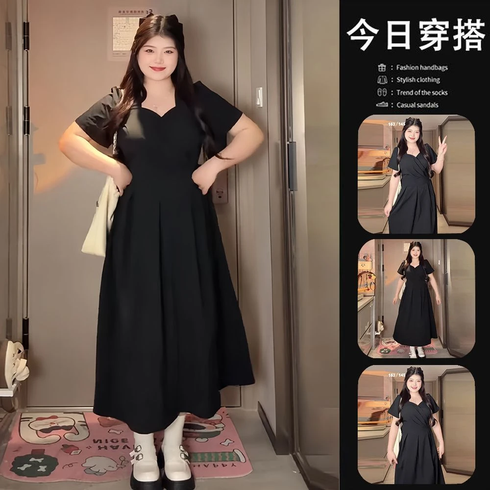 【特大码300斤】显瘦休闲气质长裙女夏季高级感法式方领短袖连衣裙