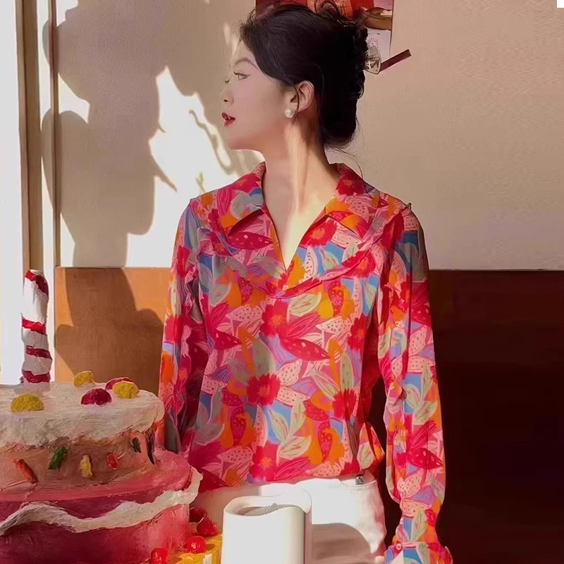 【商场同款】2025春装新款百搭通勤V领印花长袖衬衣女摩登猫5300985