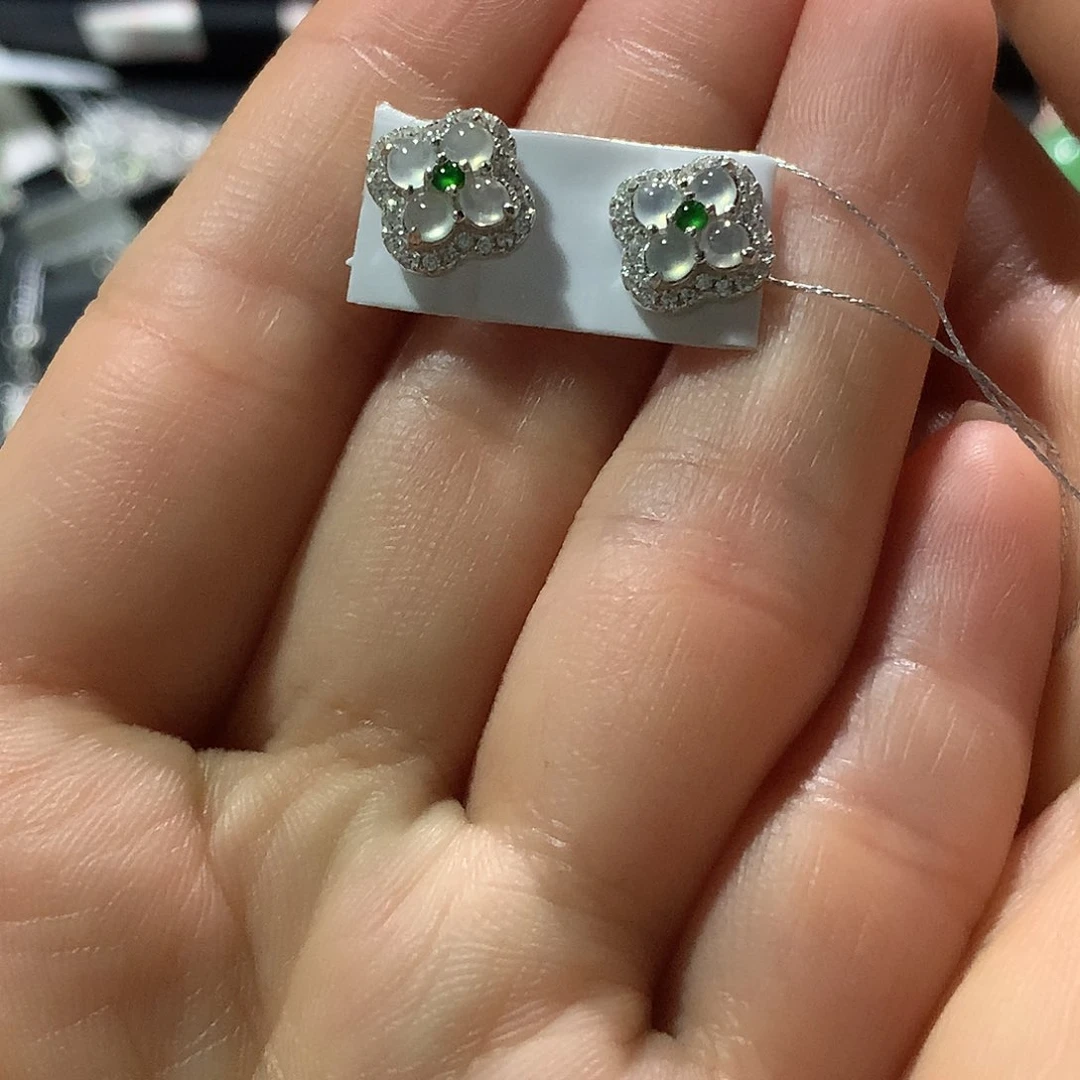 翡翠戒指银S925镶嵌耳钉