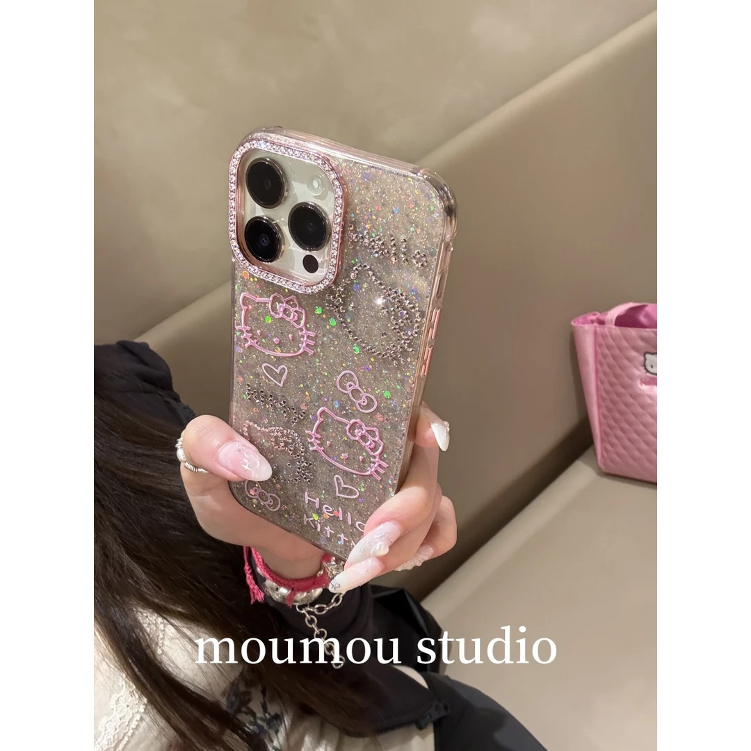 闪闪少女心蝴蝶结猫咪适用苹果16pro手机壳创意iPhone15闪粉14女