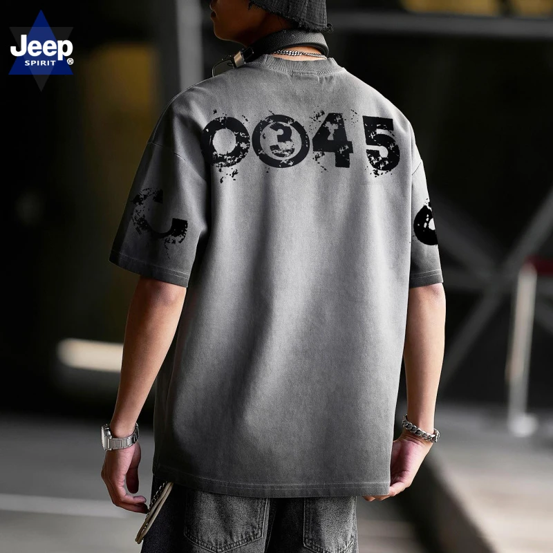 JEEPSPIRIT脏脏洗短袖t恤男夏季2025新款五分袖宽松大码高街重磅