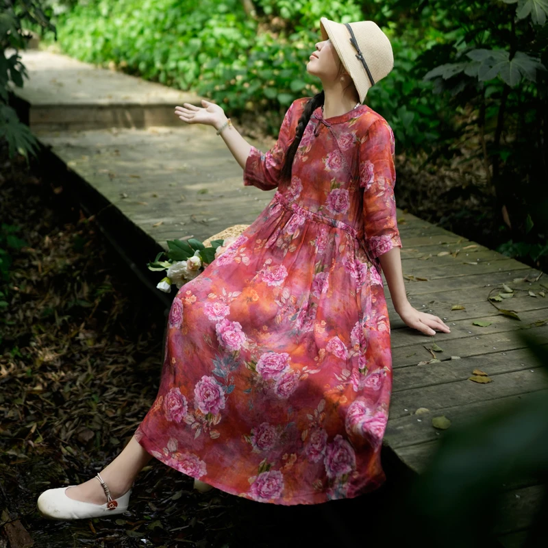 100%纯苎麻印花连衣裙2025夏季新款女装爆款中长款国风红色裙子