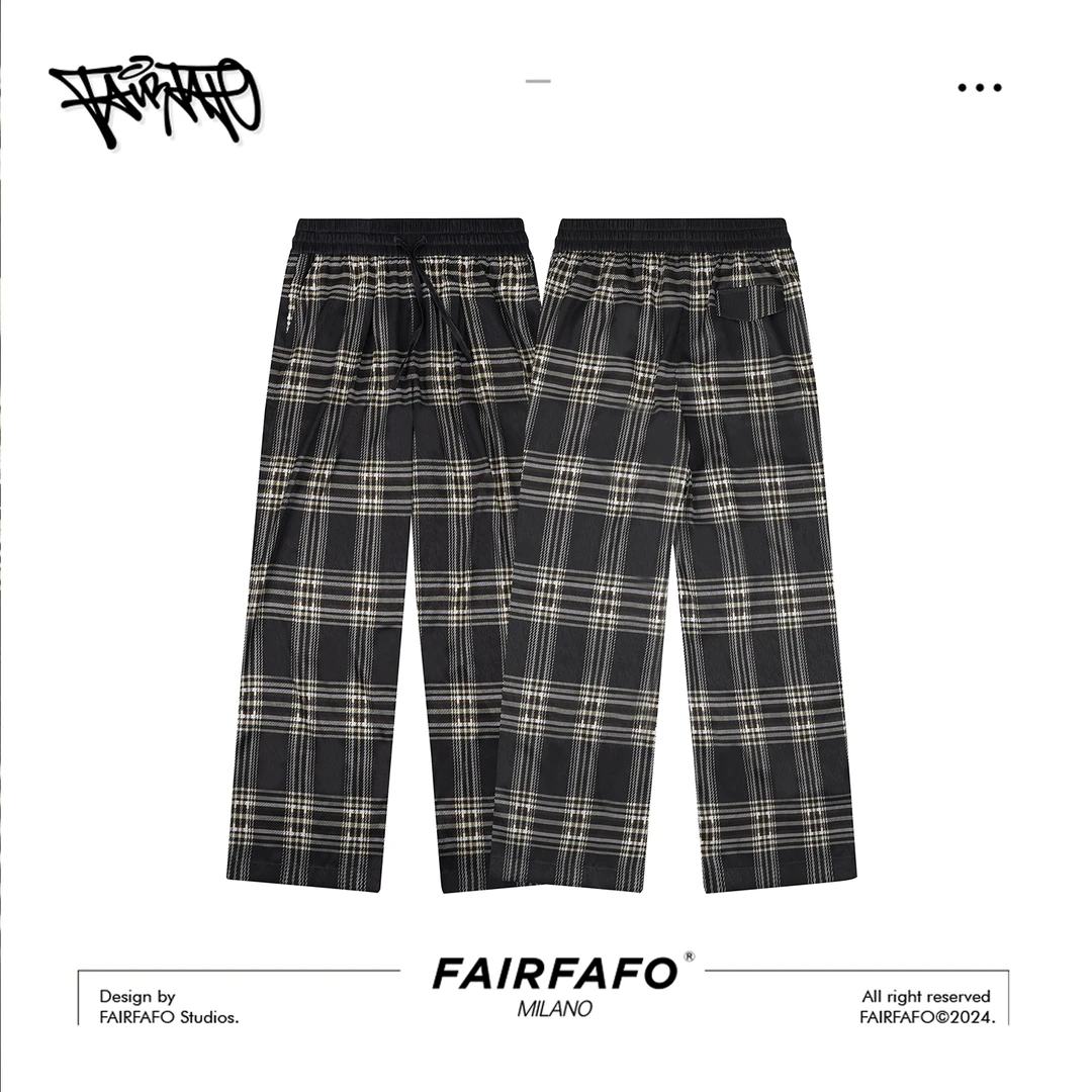 FAIRFAFO林肉肉【休闲格子长裤】KZJY44166阔腿宽松复古直筒格子裤