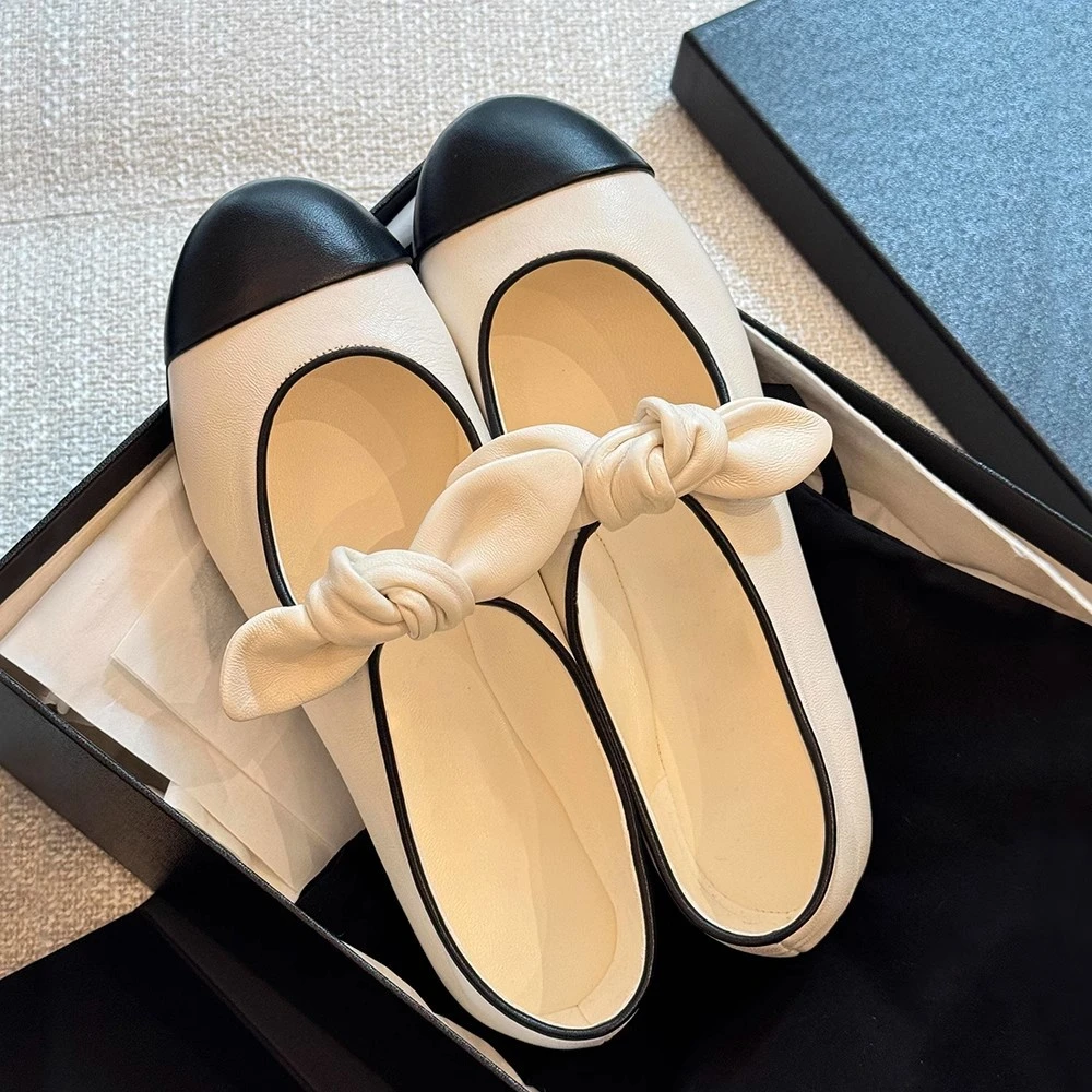 2025羊皮版~圆头小香风蝴蝶结真皮玛丽珍单鞋女法式芭蕾平底鞋小