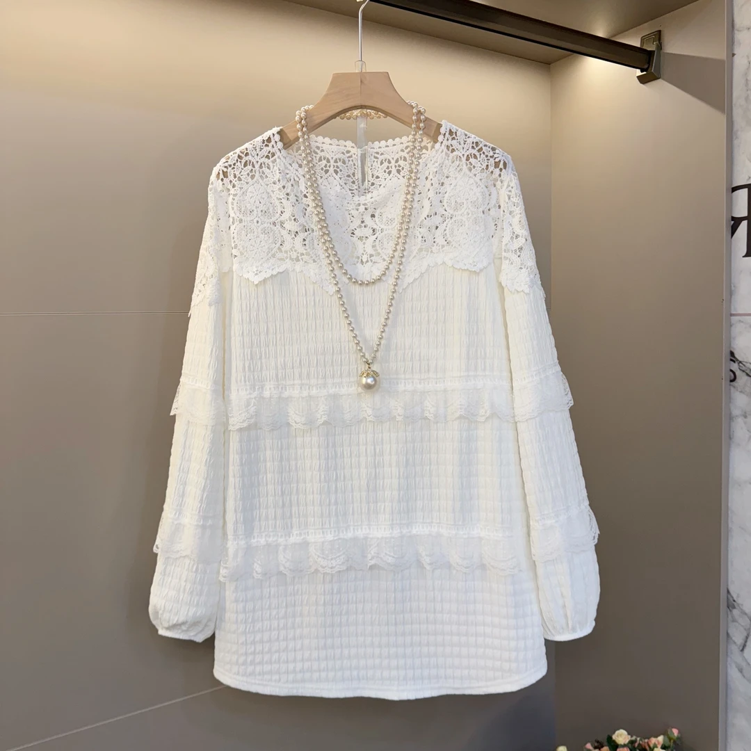 圆领花边镂空拼接设计感气质洋气大码女装胖妹妹宽松显瘦上衣衫