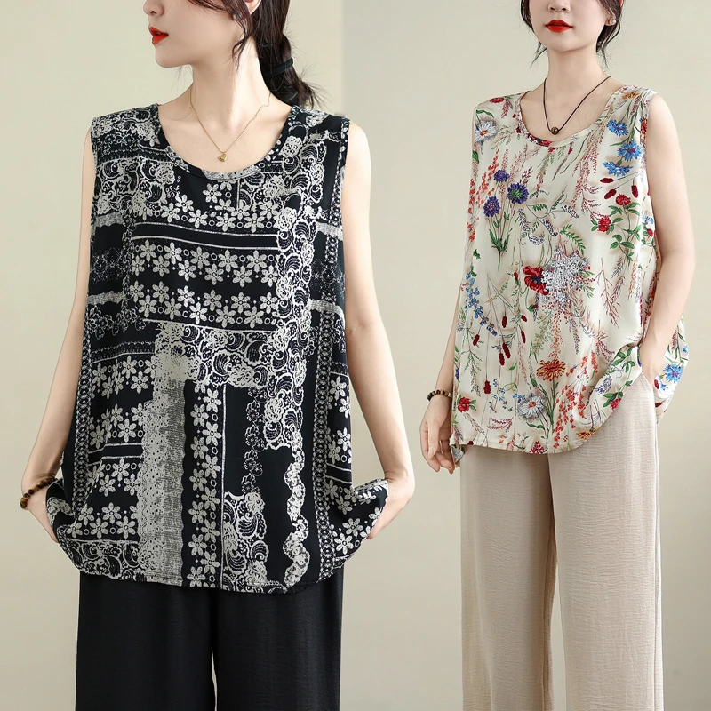 夏季新款民族风背心吊带衫大码女装胖MM宽松无袖棉绸印花衫上衣女