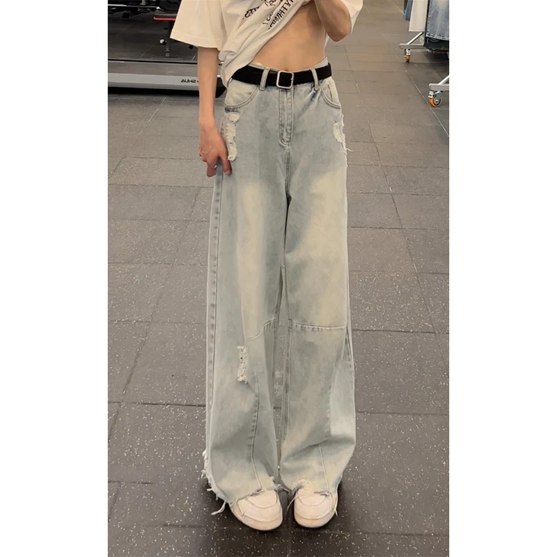 浅蓝色破洞微喇牛仔裤男夏季薄款美式高街毛边弯刀裤子宽松阔腿裤