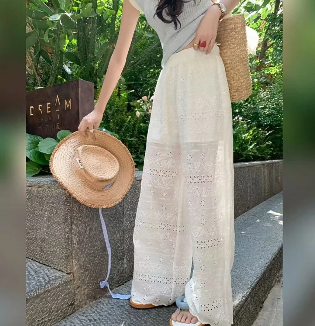 小雅姐姐  韩款甜美蕾丝镂空百搭休闲直筒阔腿裤IO38
