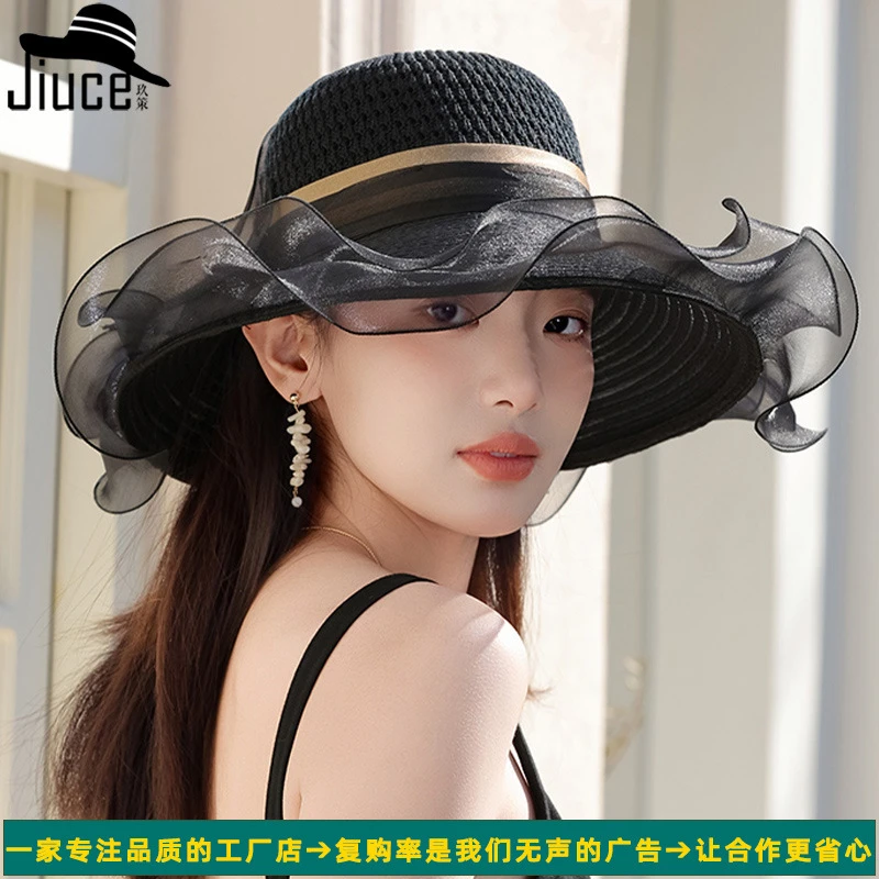 新款草帽大帽檐防紫外线空顶帽帽子感气质大沿帽纱边防晒帽遮阳帽