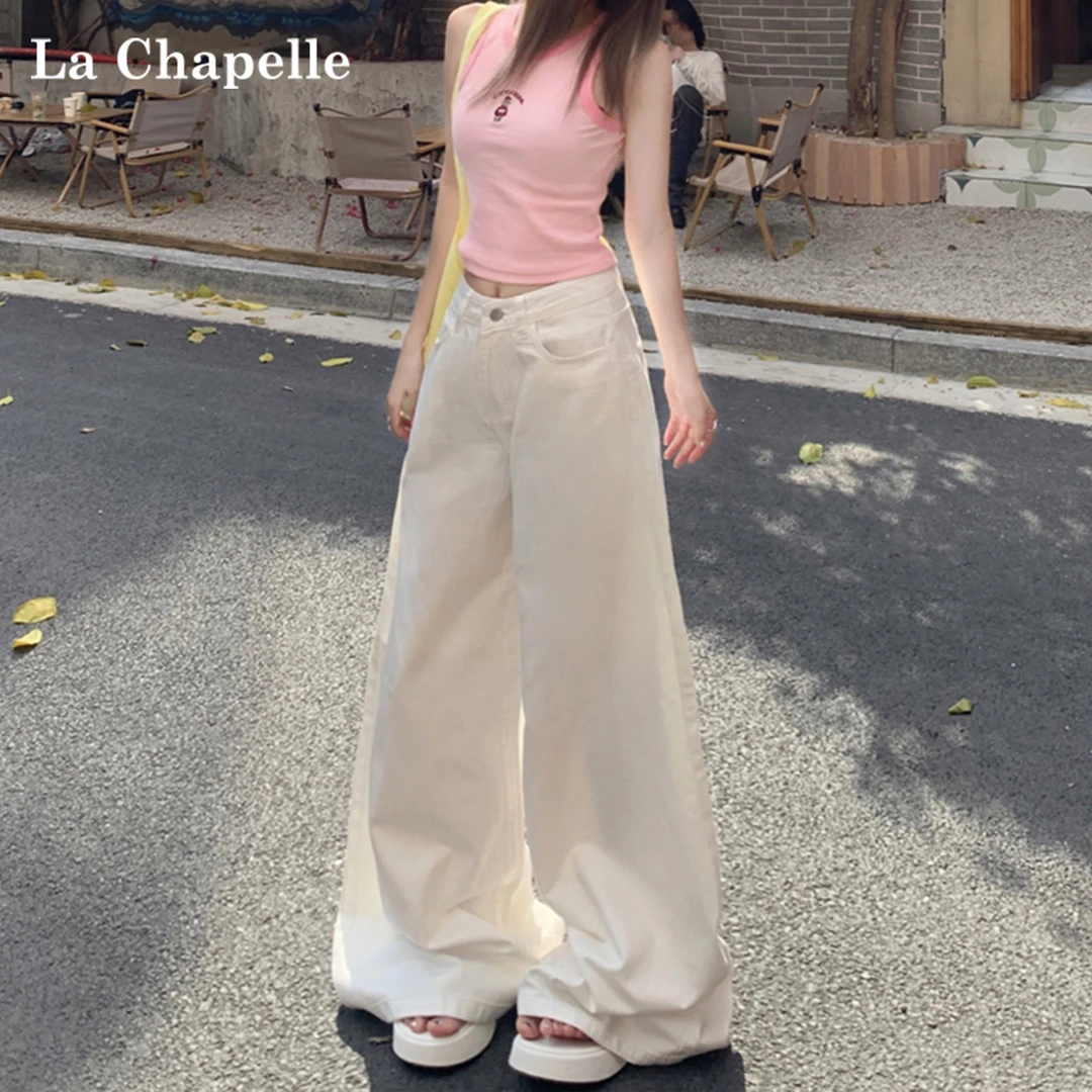 拉夏贝尔美式白色阔腿牛仔裤女2025新款慵懒高腰宽松垂感拖地裤子