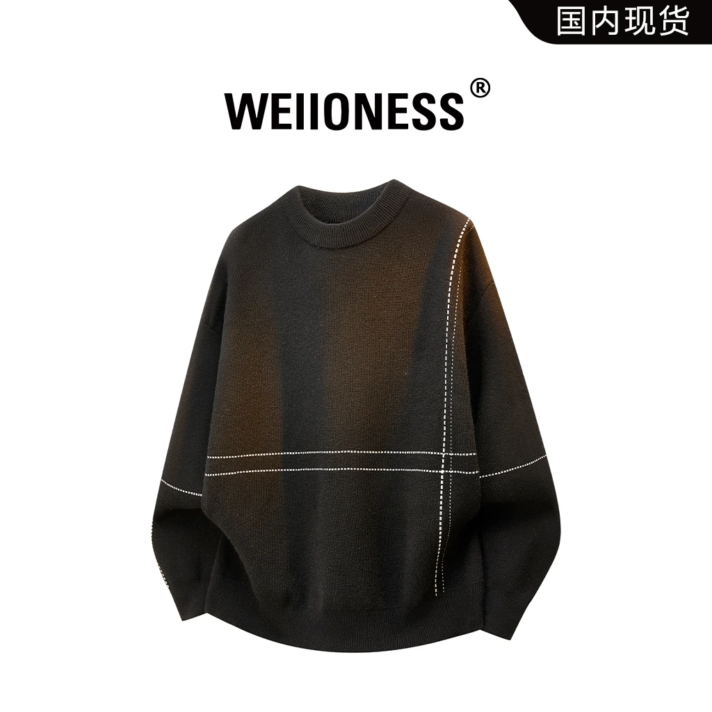 WEIIONESS毛衣男冬季新款简约条纹设计感圆领百搭上衣高级感男装