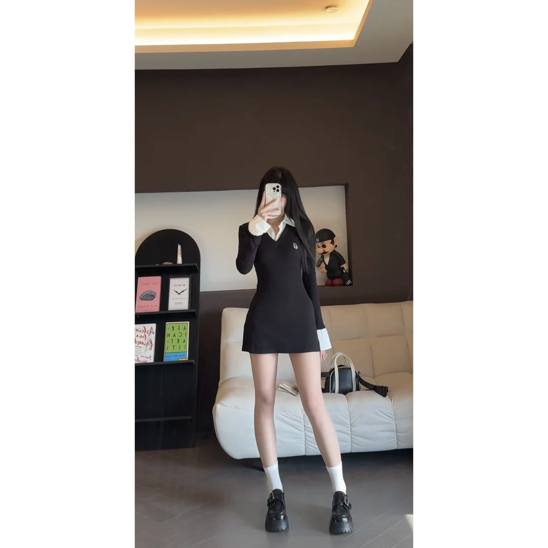 RICHINCHEESE 法式辣妹 春季假两件撞色拼接长袖a字拼色连衣裙