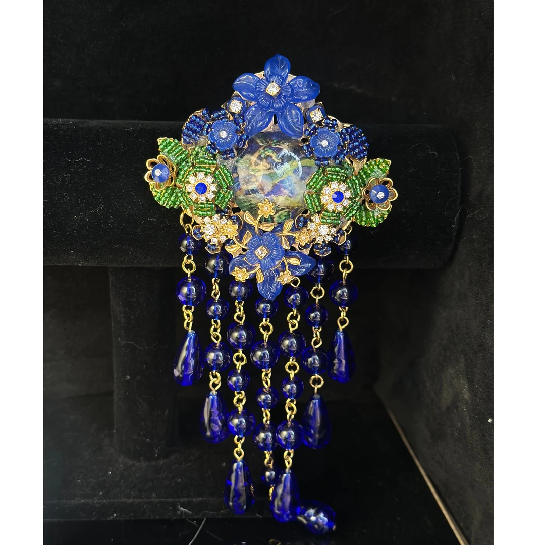 锌合金琉璃胸针 重工编织繁花胸针蓝色长款琉璃流苏胸针