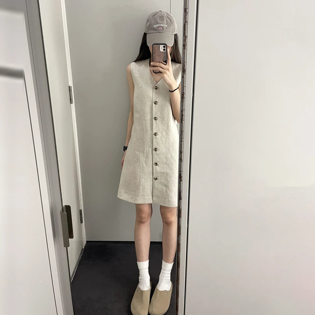 【现货+运补】亚麻复古无袖背心裙小个子巨好看宽松短裙3997