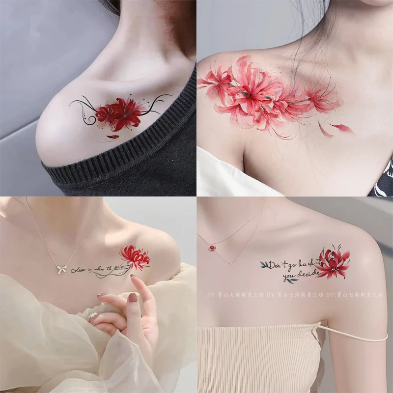 高级国风彩色彼岸花纹身贴女持久防水性感锁骨少女遮盖疤痕可水洗