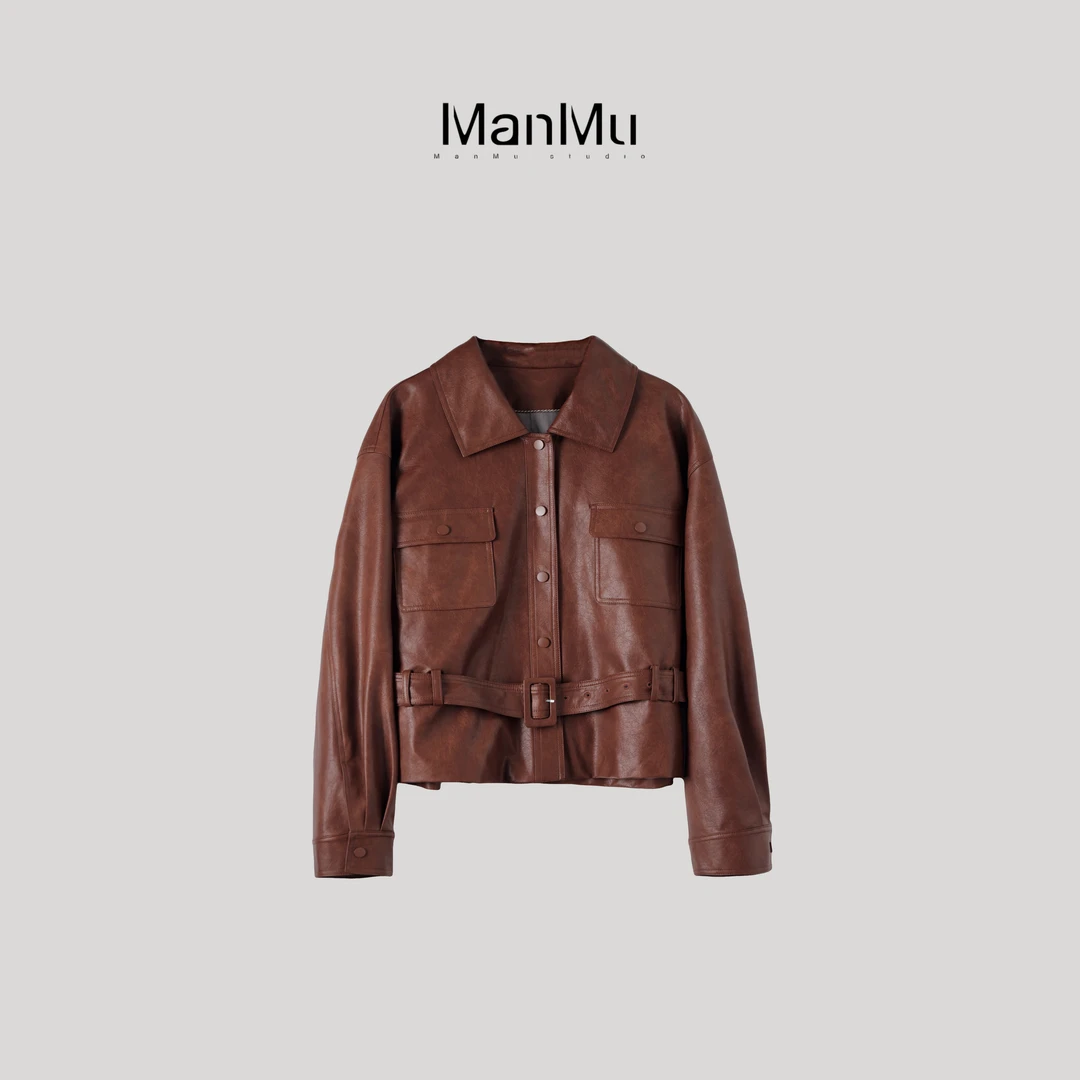 满目ManMu【张琪专属】高级定制秋季时尚百搭焦糖色皮衣350211