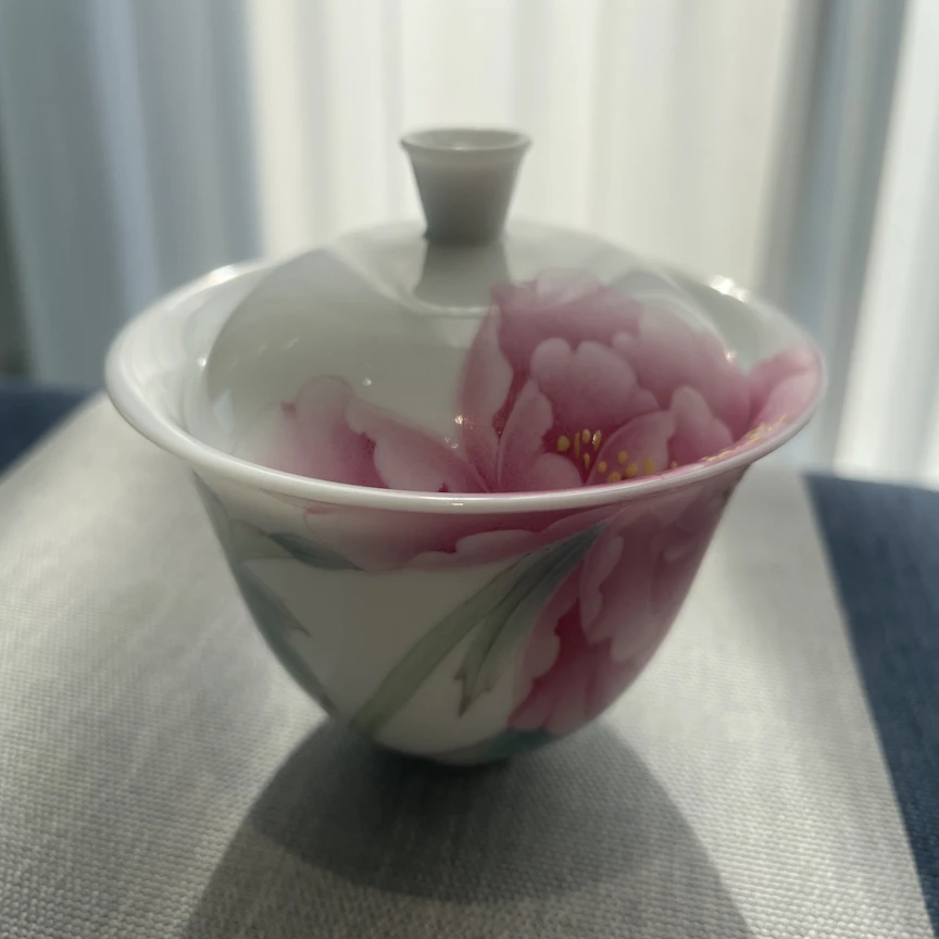 牡丹花冰种羊脂玉白瓷二才盖碗，高端茶道泡茶用具