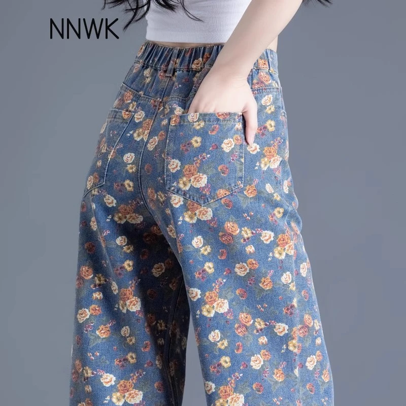 小碎花印花牛仔裤女2025年新款时尚潮流复古直筒春秋季阔腿裤加绒