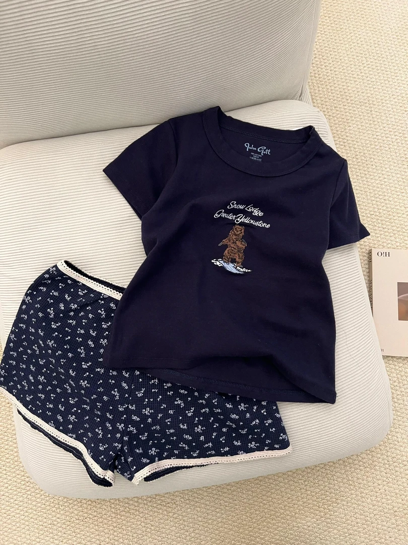 甜美碎花印花T睡衣女款夏季2025年新款休闲短袖短裤家居服套装