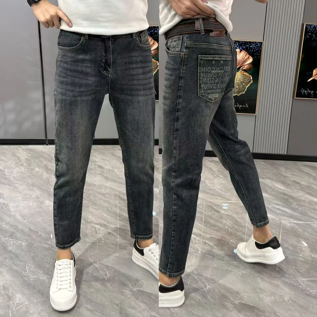 裤子男款秋冬款牛仔裤男时尚百搭九分裤简约印花小直筒裤弹力修身