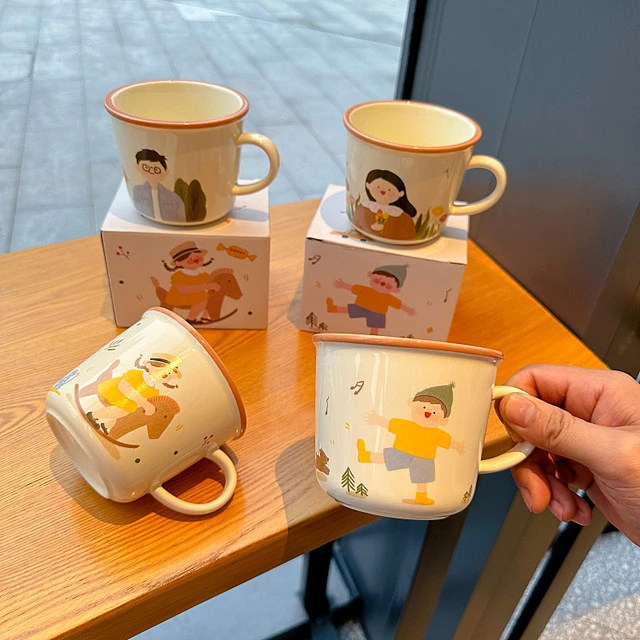 一家四口杯子陶瓷马克水杯可爱卡通男女情侣儿童咖啡早餐杯伴手礼