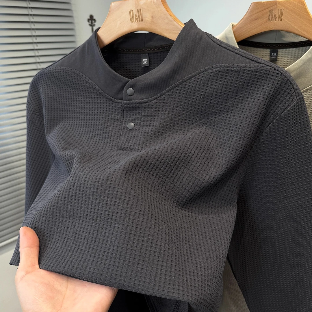 加绒卫衣秋冬男款亨利领长袖休闲商务风玉米格工艺打底衫运动上衣