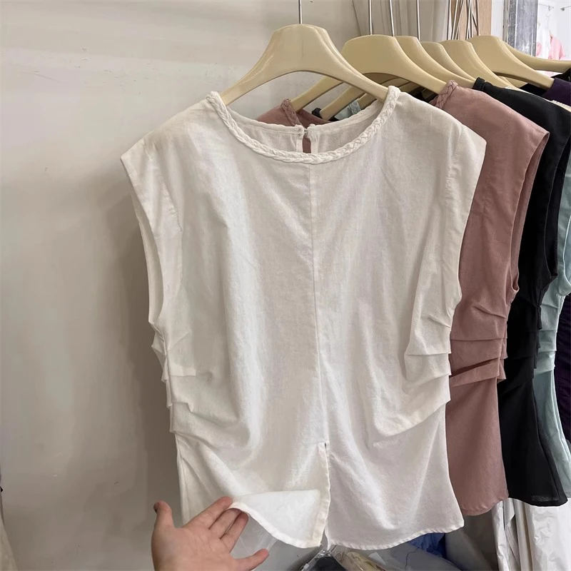 9296简约设计感褶皱小飞袖无袖衬衫女夏款大码洋气质减龄小衫上衣