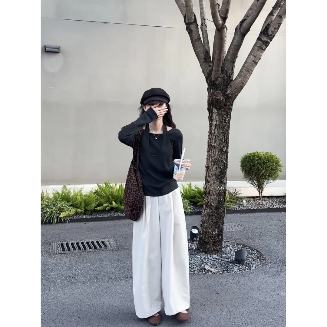 7958#〖超好看的〗韩系精致显瘦挂脖假两件长袖上衣
