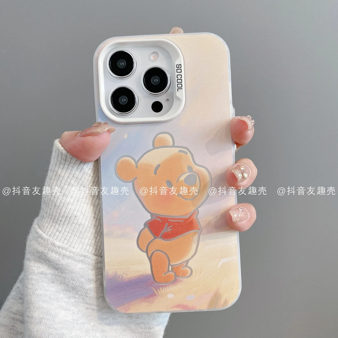 适用于苹果16华为vivo小米oppo荣耀磨砂彩银手机壳简单款草地维尼