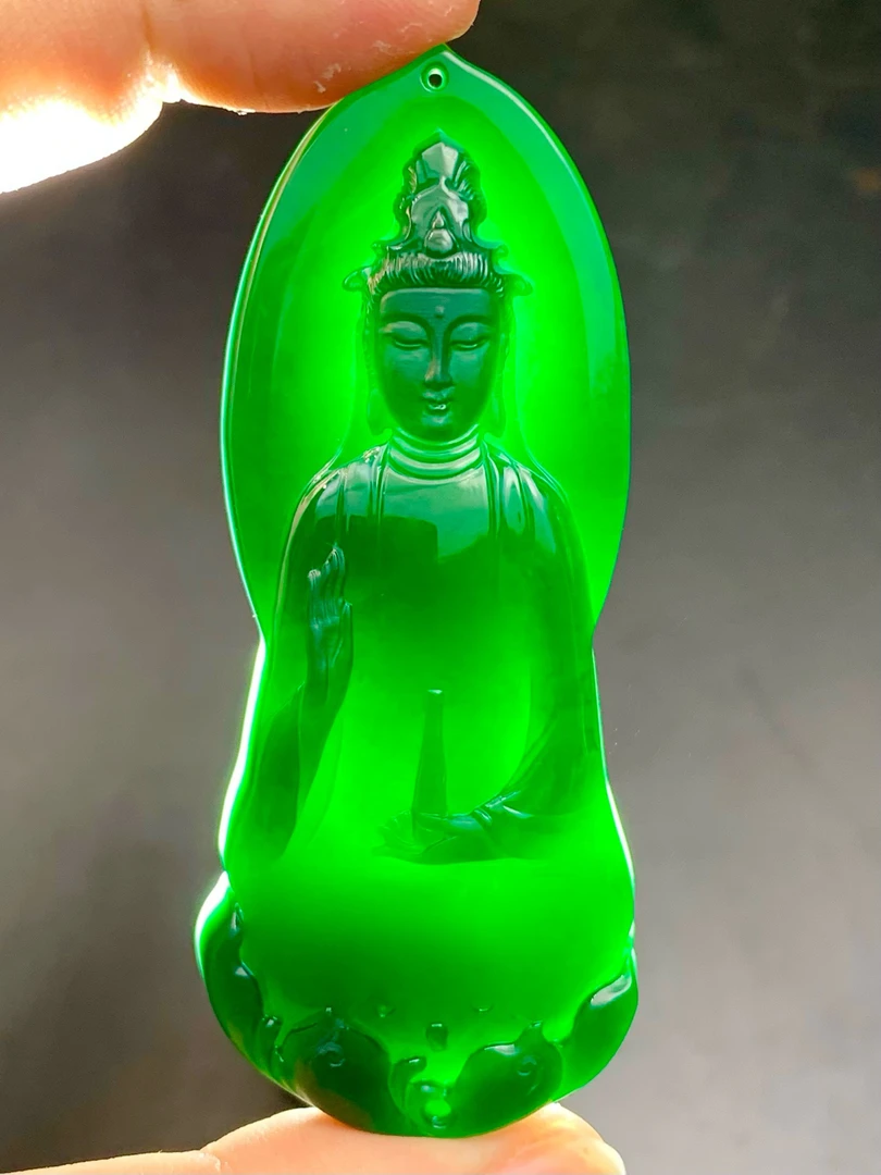 天然翡翠A货墨翠《墨翠素衣观音菩萨》顺丰特快立体雕刻精雕双面