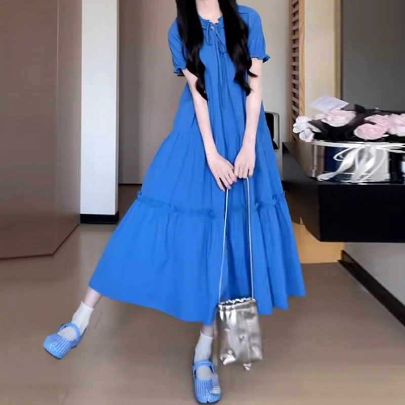 4118克莱因蓝色连衣裙子女新款夏季法式气质设计感小众长裙高级感