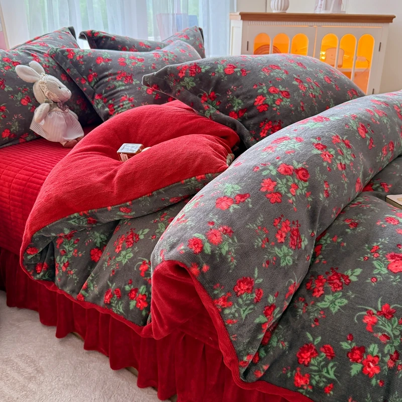 法式加厚10斤牛奶绒安可拉红床盖被套四件套免打理冬季保暖双面绒