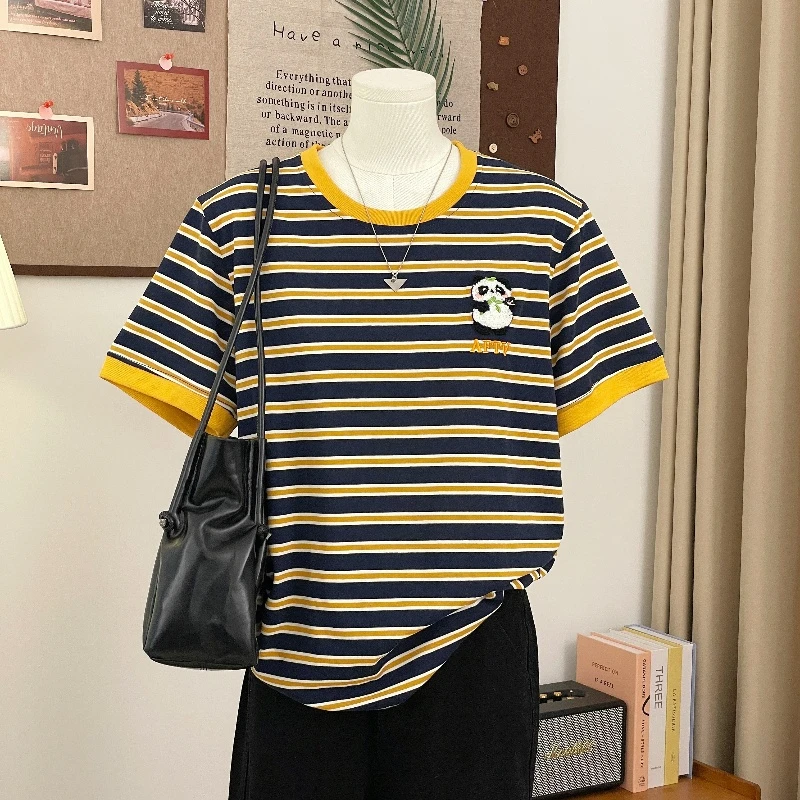 特大码300斤美式复古熊猫刺绣短袖t恤男女夏季情侣设计感上衣