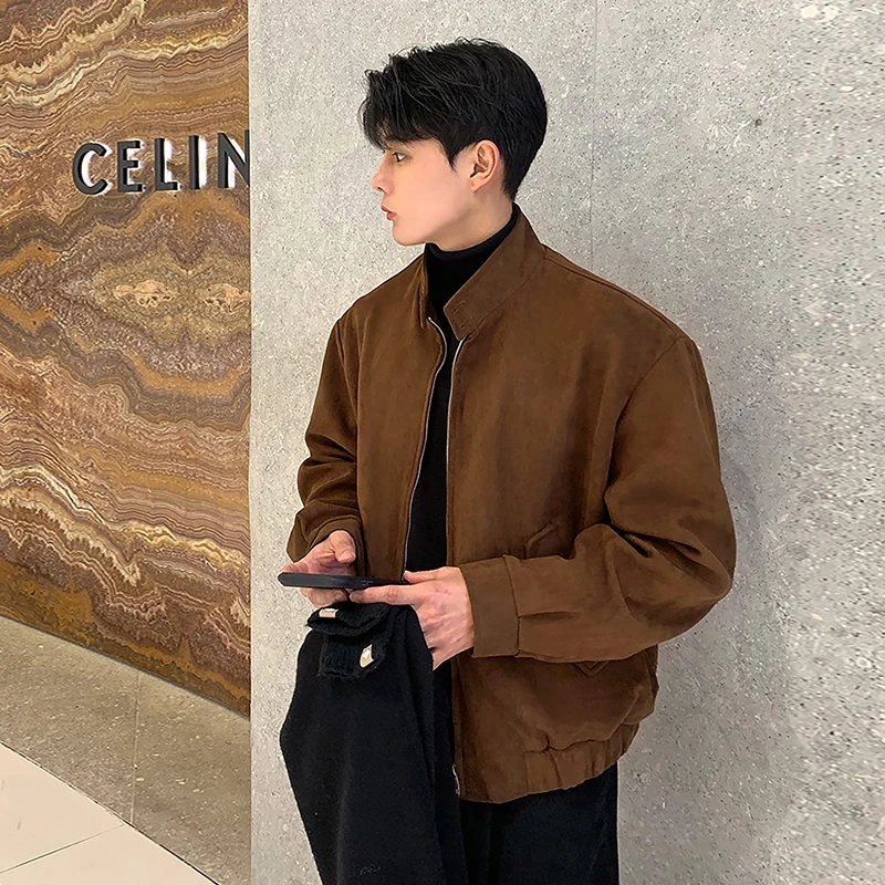 ascloqiao春季新款韩版百搭麂皮绒夹克外套休闲简约纯色立领上衣