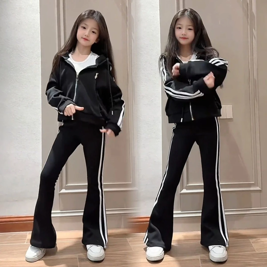 女童套装春季新款美式连帽开衫外套拉条修身喇叭裤2025中大童潮款