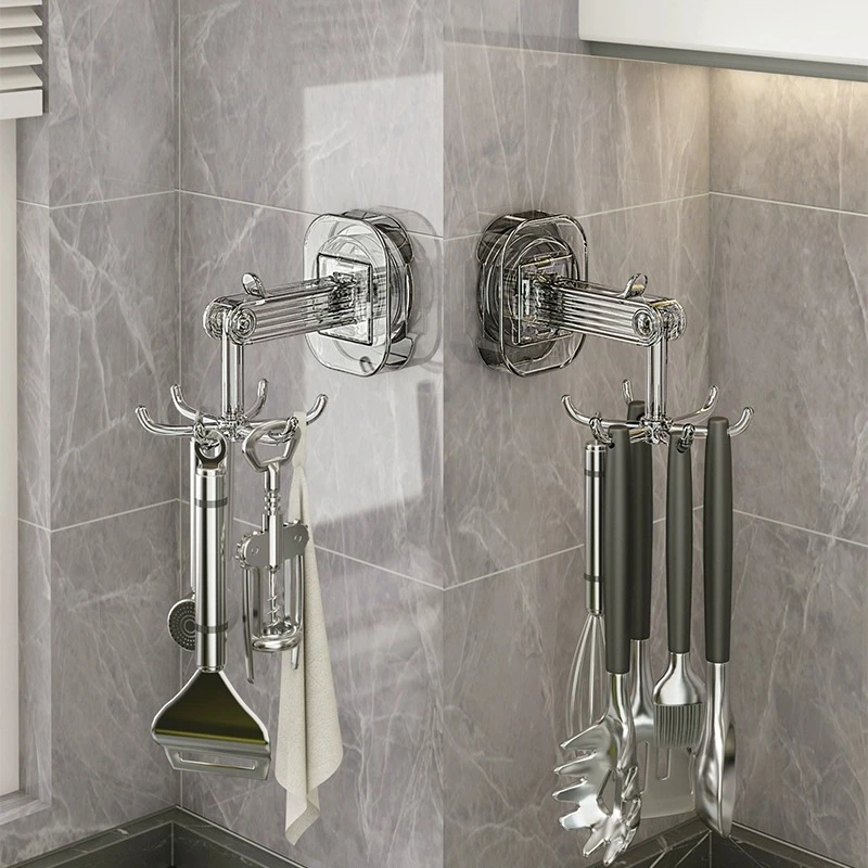 厨房吸盘六爪旋转挂钩架免打孔挂墙多功能锅铲勺子收纳壁挂置物架