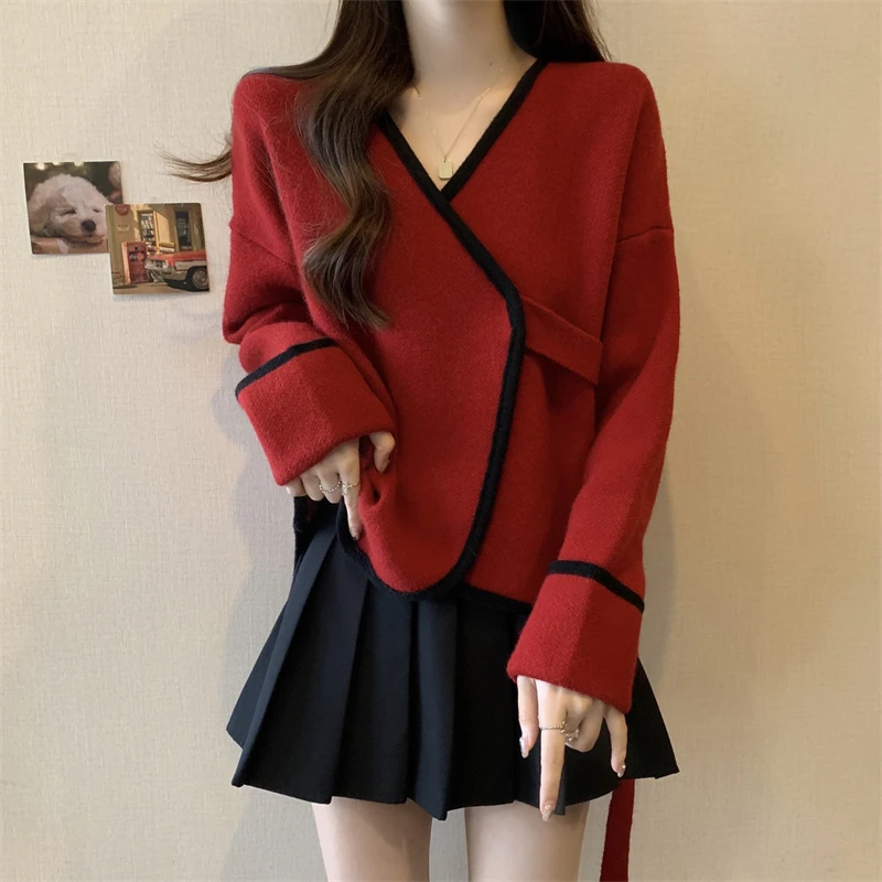 欧洲站不规则高级感气质拼色开衫系带V领开衫毛衣外套新年红衣服