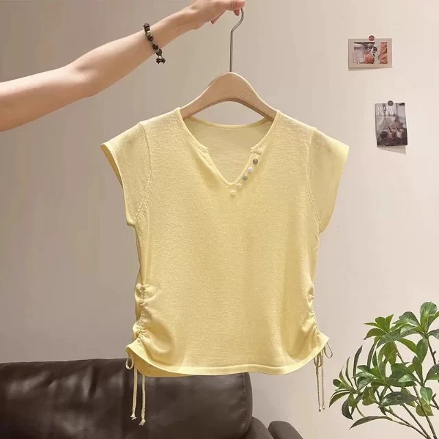 竹节麻V领减龄复古短袖针织女夏季新款薄款抽绳褶皱收腰女款显瘦