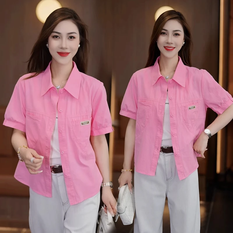 薄款短袖衬衫女2025夏季新款宽松洋气质显瘦上衣休闲短款衬衣外套