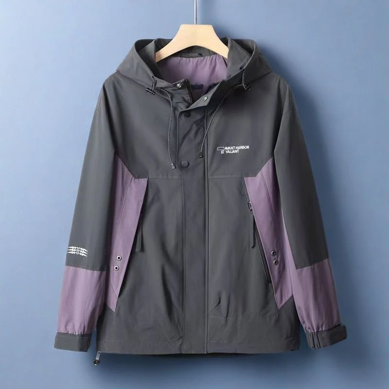 HY818撒柜剪标夹克  春秋款情侣装紫色拼色工装风连帽外套冲锋衣