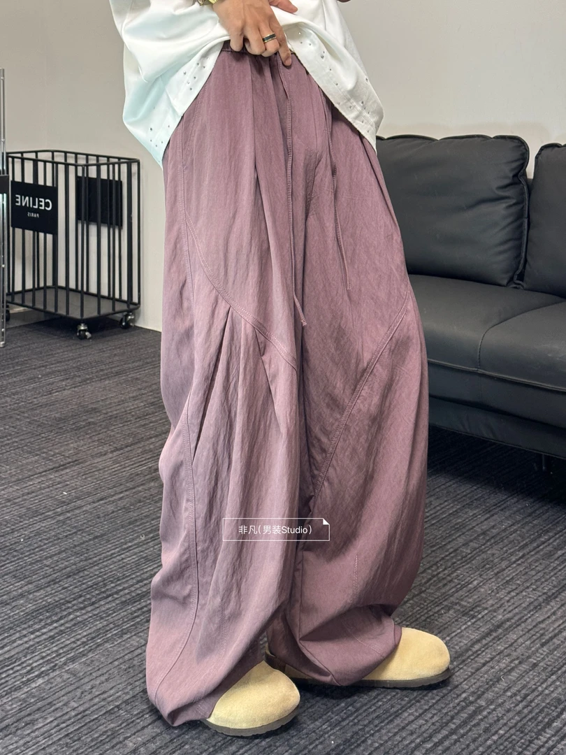 非凡 - 夏季新款阔腿宽松褶皱设计感工装风男休闲裤长裤弯刀裤564