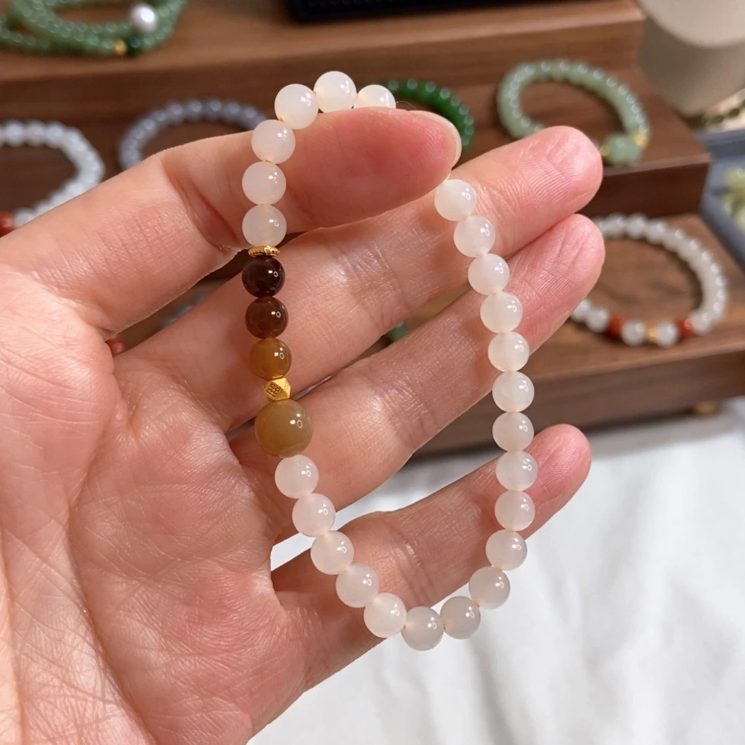 和田玉手链银S925镶嵌蜂蜜水6mm冰底